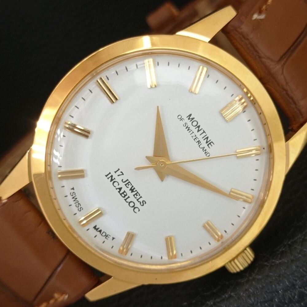Vintage 1978 Montine Of Switzerland  Manual Mens Gold Watch W/Brown Strap